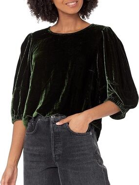 Velvet by Graham & Spencer Green Silk Blend Velvet Puff Sleeve Top Size Small